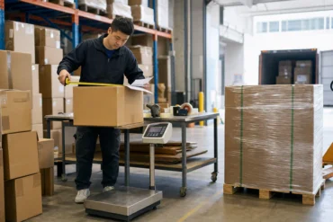 Logistics coordinator preparing supplier cartons at a China warehouse for international shipping