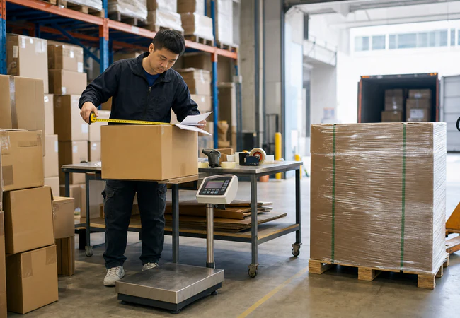 Logistics coordinator preparing supplier cartons at a China warehouse for international shipping