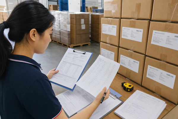Export specialist checking invoice and packing list details against warehouse cartons