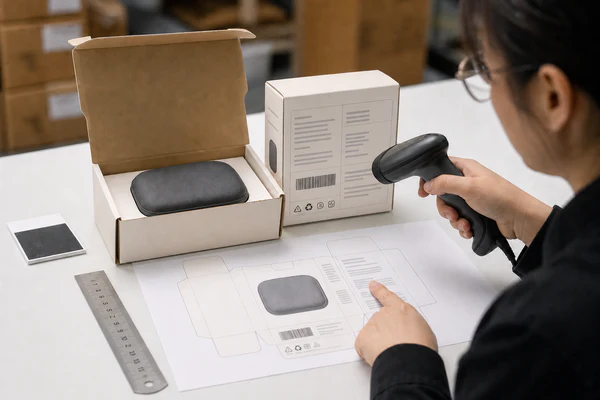 Packaging specialist checking barcode and required label areas on a private-label retail box