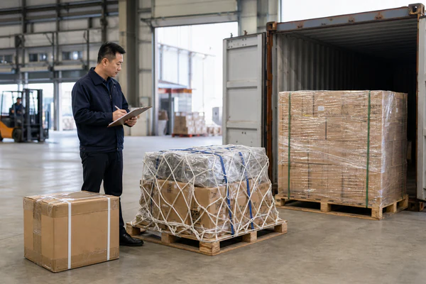 Freight planner comparing express, air freight, and ocean freight options for packed goods