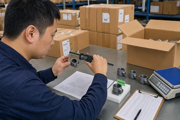 Inspector measuring a product sample before a 1688 bulk shipment