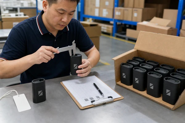 Inspector comparing a branded approval sample with units from a bulk production batch