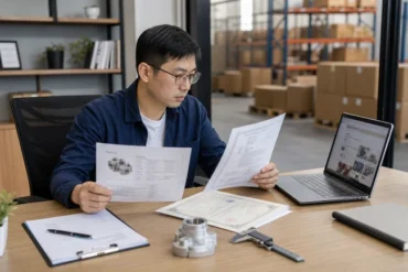 1688 sourcing professional reviewing supplier documents and a product sample