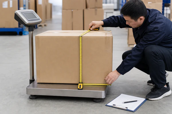 Warehouse worker measuring a packed carton to calculate chargeable shipping weight