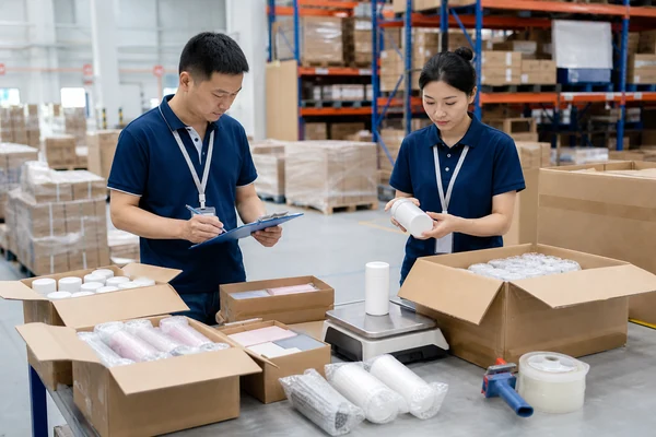 Warehouse staff inspecting products from multiple suppliers before consolidated shipping