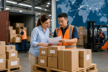 Small business owner reviewing multiple supplier cartons before shipment consolidation at a China warehouse