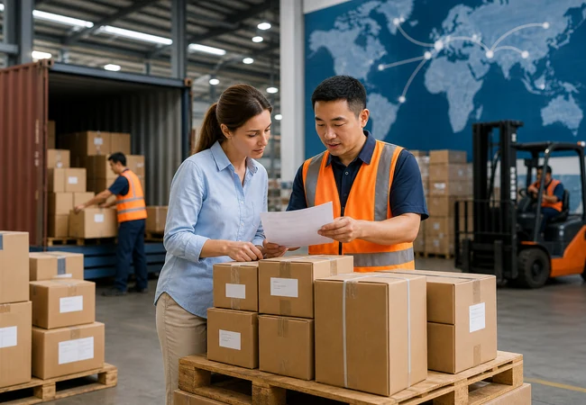 Small business owner reviewing multiple supplier cartons before shipment consolidation at a China warehouse