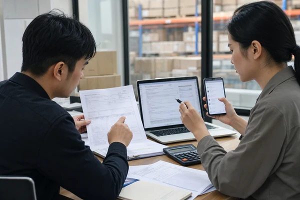 Procurement team checking payee and order details before supplier payment