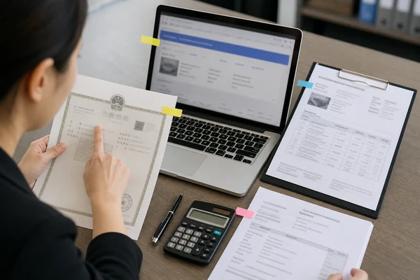 Buyer comparing a 1688 supplier profile with company and payment documents