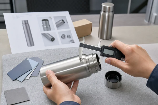 Inspector measuring the neck of an insulated bottle sample with a digital caliper