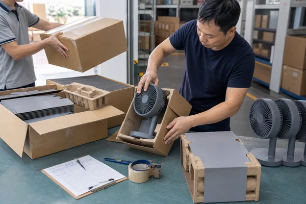 Factory worker checking delivered packaging against a production unit and insert