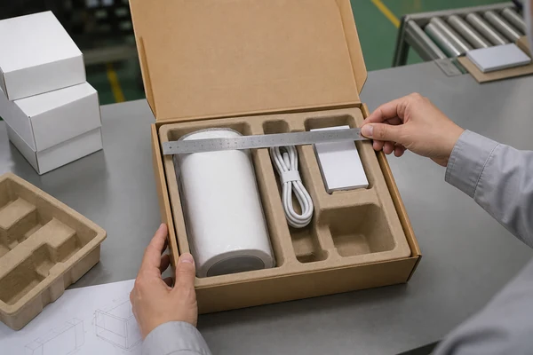Packaging engineer checking product and accessory fit inside a molded box insert