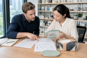Buyer and sourcing specialist checking supplier documents, product sample and payment milestones before a deposit
