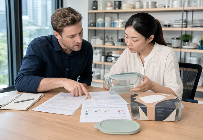 Buyer and sourcing specialist checking supplier documents, product sample and payment milestones before a deposit