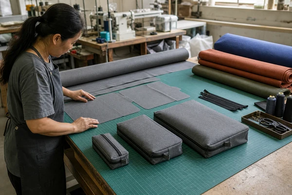 Three pouch sizes sharing one stock fabric and zipper setup while separate colors remain apart