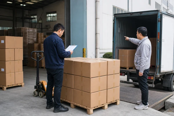 Factory representative and freight forwarder confirming the handover point for a supplier quotation