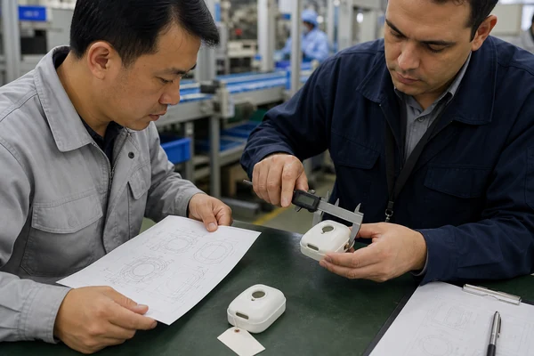 Inspector comparing a first production unit with the approved sample and drawing