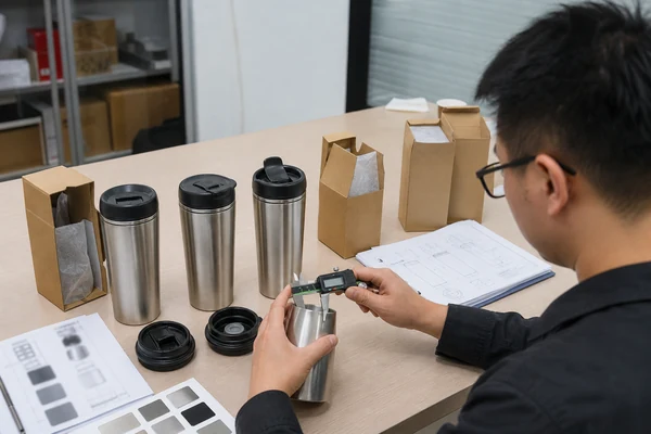 Buyer comparing material, lid and packaging differences across three supplier samples
