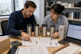 Buyer and sourcing specialist comparing Chinese supplier quotations with product samples and packaging