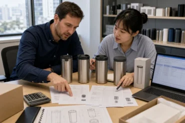 Buyer and sourcing specialist comparing Chinese supplier quotations with product samples and packaging
