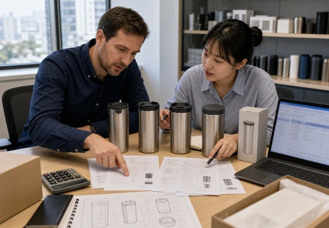 Buyer and sourcing specialist comparing Chinese supplier quotations with product samples and packaging
