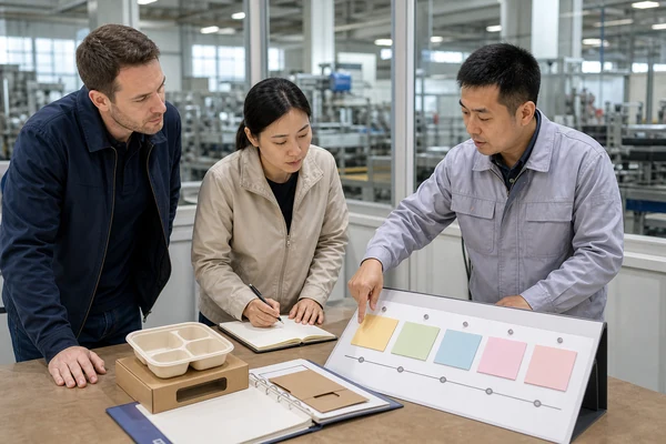 Buyer, sourcing specialist and factory engineer confirming production release milestones
