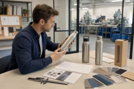 Founder comparing unbranded product samples with specifications and packaging options