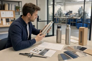Founder comparing unbranded product samples with specifications and packaging options