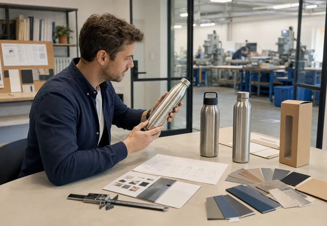 Founder comparing unbranded product samples with specifications and packaging options