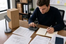 Founder building a first custom product order budget with a sample, packaging and cost documents