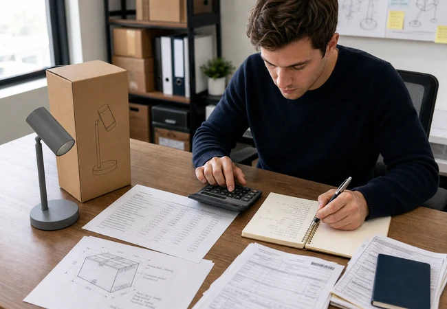 Founder building a first custom product order budget with a sample, packaging and cost documents
