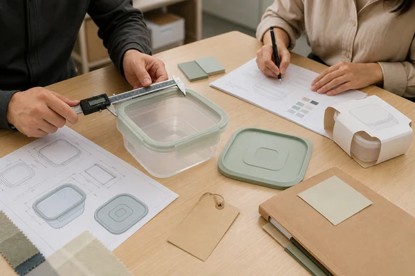 Buyer checking a product sample, specification and packaging proof before releasing a production deposit