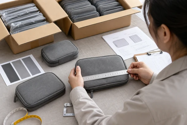 Inspector comparing an approved pouch sample with units from a small lower-MOQ production batch
