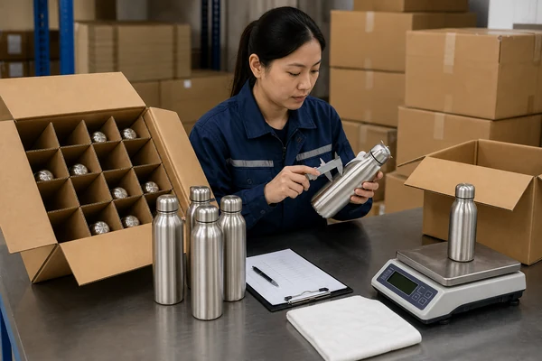 Quality inspector checking insulated bottles from a pilot order before shipment