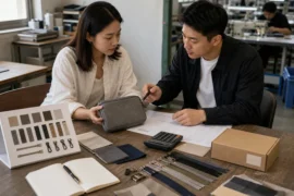 Buyer and production planner comparing stock materials, packaging and quotations for a lower-MOQ custom order