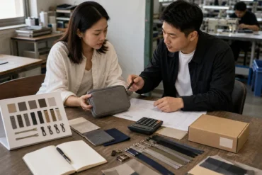 Buyer and production planner comparing stock materials, packaging and quotations for a lower-MOQ custom order