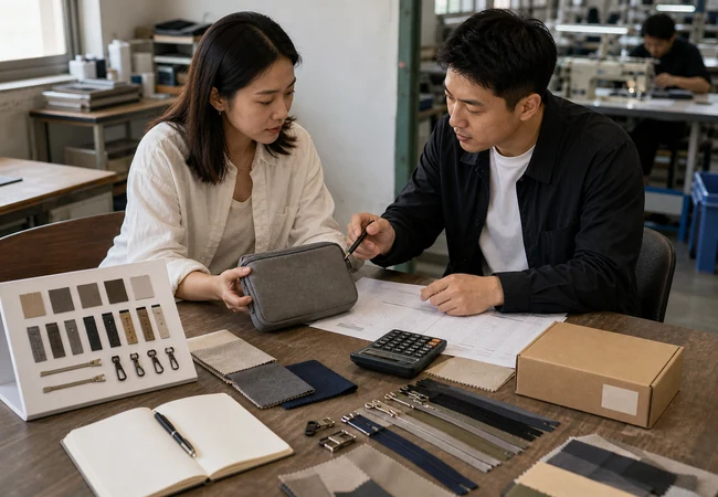 Buyer and production planner comparing stock materials, packaging and quotations for a lower-MOQ custom order