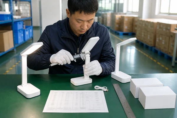 Inspector measuring and function-testing products during a pre-shipment inspection