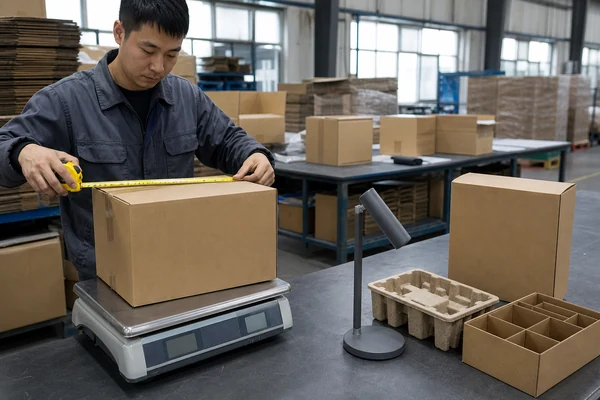 Warehouse worker measuring and weighing a packed carton for a freight estimate