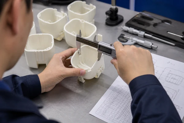 Quality inspector measuring a molded product sample with a digital caliper