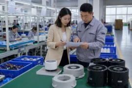 Sourcing specialist reviewing production progress with a Chinese factory supervisor