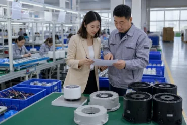 Sourcing specialist reviewing production progress with a Chinese factory supervisor