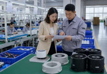 Sourcing specialist reviewing production progress with a Chinese factory supervisor
