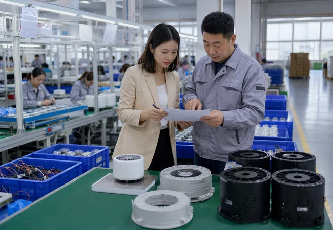 Sourcing specialist reviewing production progress with a Chinese factory supervisor