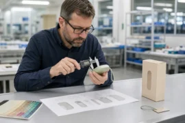 Sourcing manager measuring a product sample against its specification before mass production