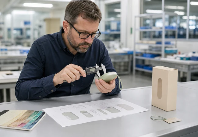 Sourcing manager measuring a product sample against its specification before mass production