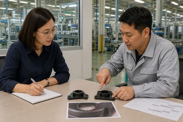 Factory manager and sourcing specialist reviewing a production defect and correction