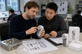 Product designer and sourcing specialist reviewing controlled design files, prototype and tooling before supplier production