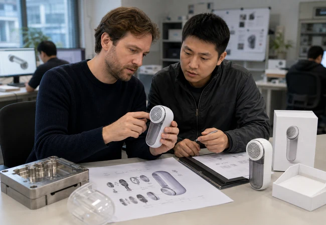 Product designer and sourcing specialist reviewing controlled design files, prototype and tooling before supplier production